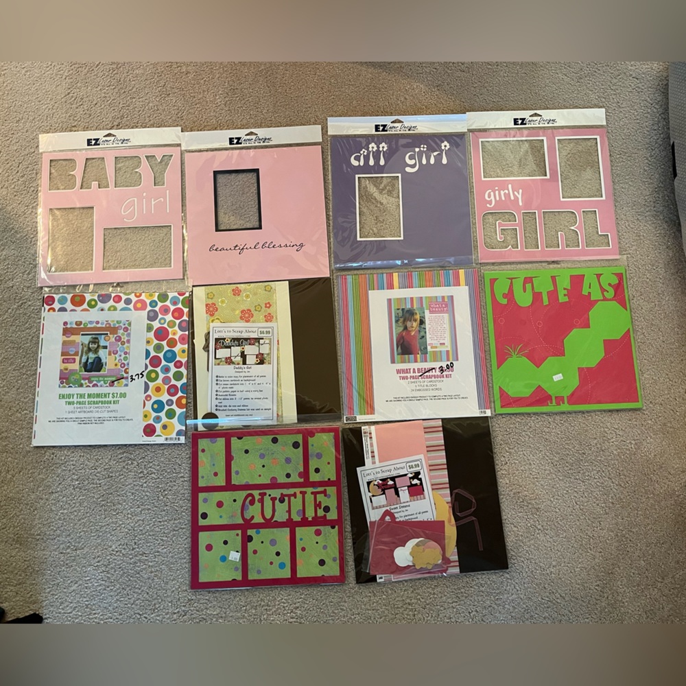 12x12 scrapbook kits. 10 girl/baby girl themed predesigned and packaged kits